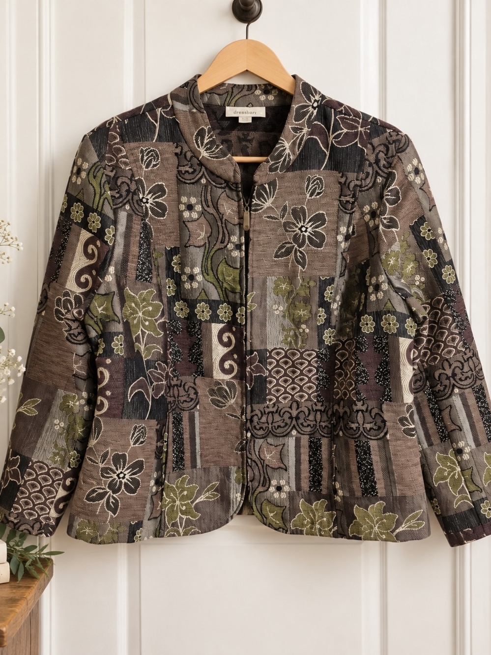 Dressbarn Plus Size 18/20 Patchwork Floral Tapestry Jacket Brown Olive